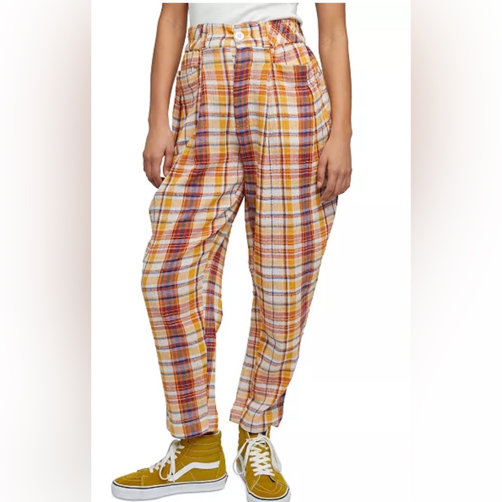 FREE PEOPLE Make‎ a Stand Plaid Cotton Trousers Pants Mustard Colorway S